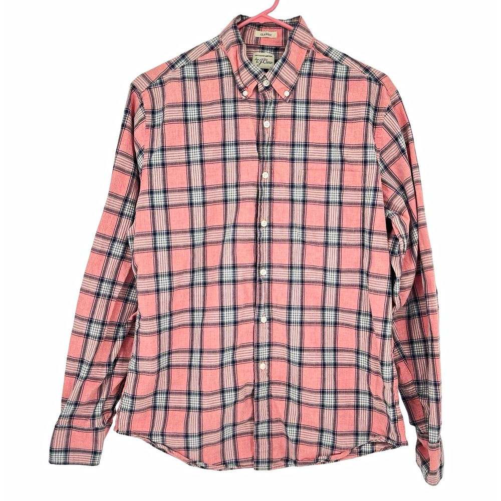 J.Crew Men's Medium Pink Navy Plaid Shirt 100% Cotton Classic Fit Button Down